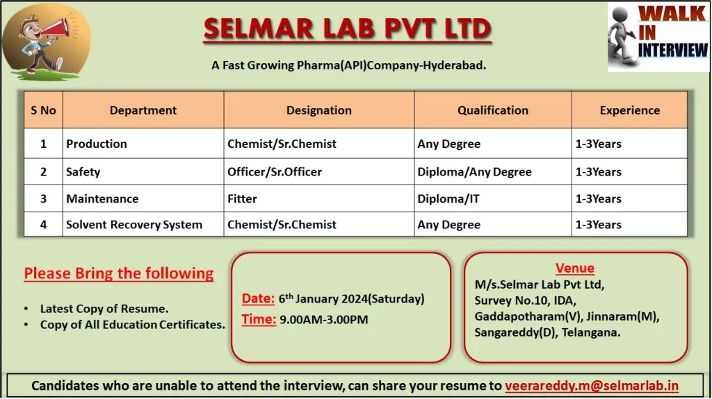 Selmar Lab Pvt. Ltd - Walk-Ins for Production, Safety, SRS, Maintenance on 6th Jan 2024